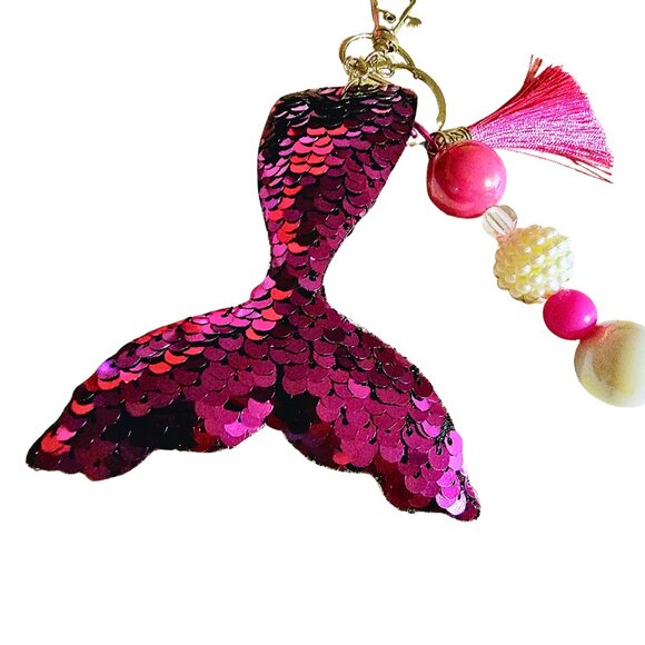 Mermaid Tail Plush Sequin Pink Keychain Silk Tassel Bead Backpack Purse Charm - Picture 1 of 1